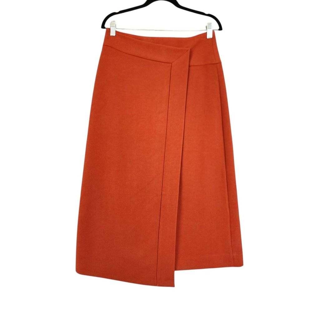 Karen Millen Womens Asymmetric Wrap Midi Skirt Size 6 Orange Made in Italy NWOT - Picture 2 of 12